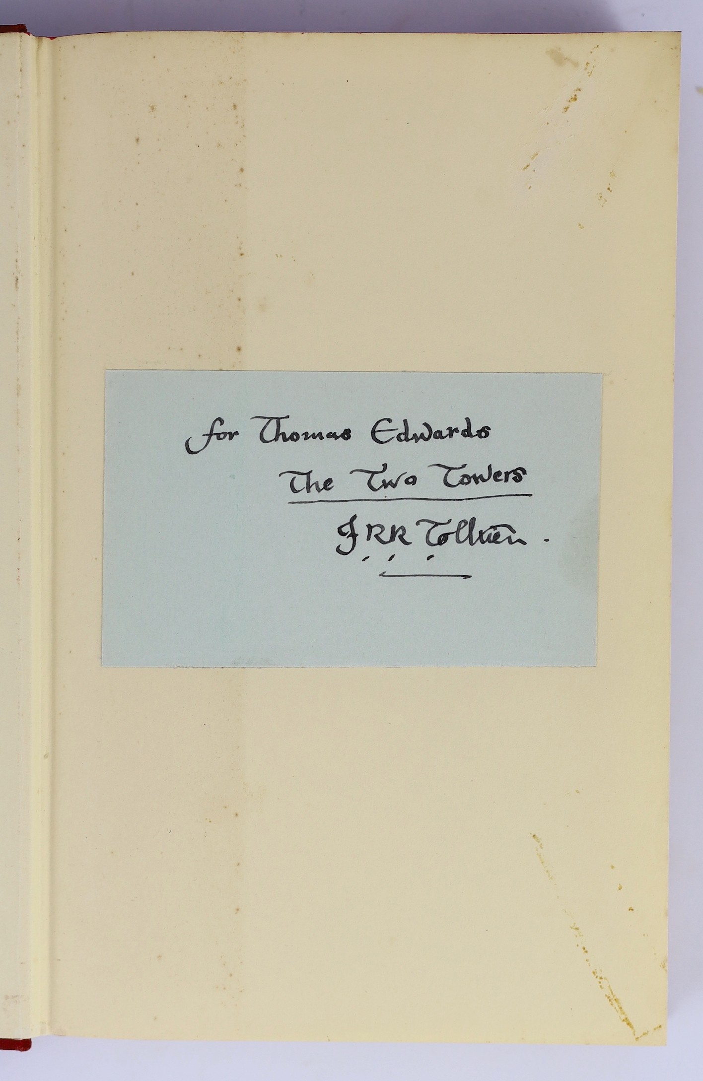 Tolkien, John Ronald Reuel - The Lord of the Rings, 3 vols - 1st editions - 14th impression of Fellowship of the Ring, 1965, front fly leaf mounted with a pasted card, with signed ink presentation inscription from the au
